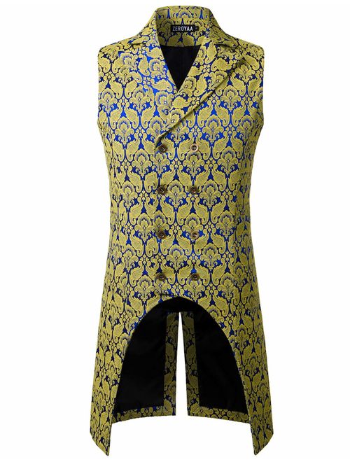 ZEROYAA Mens Gothic Steampunk Double Breasted Jacquard Brocade Vest Waistcoat Sleeveless Tailcoat