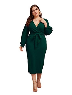 Women's Surplice Wrap Bishop Sleeve Belted Bodycon Pencil Dress