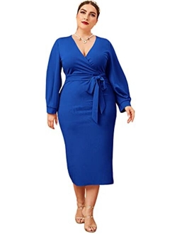 Women's Surplice Wrap Bishop Sleeve Belted Bodycon Pencil Dress