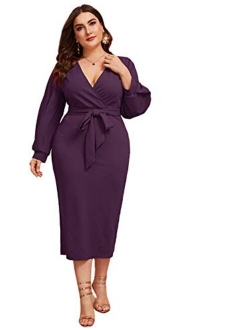 Women's Surplice Wrap Bishop Sleeve Belted Bodycon Pencil Dress