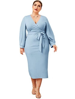 Women's Surplice Wrap Bishop Sleeve Belted Bodycon Pencil Dress