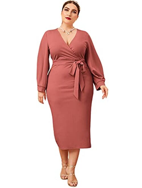 Verdusa Women's Surplice Wrap Bishop Sleeve Belted Bodycon Pencil Dress