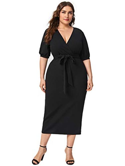 Verdusa Women's Surplice Wrap Bishop Sleeve Belted Bodycon Pencil Dress