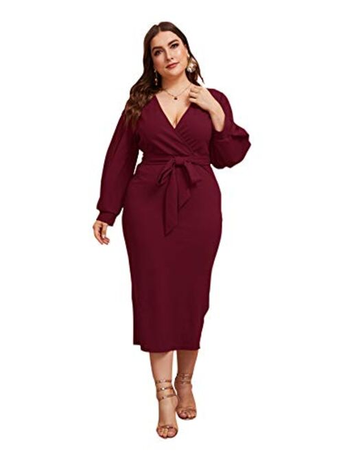 Verdusa Women's Surplice Wrap Bishop Sleeve Belted Bodycon Pencil Dress