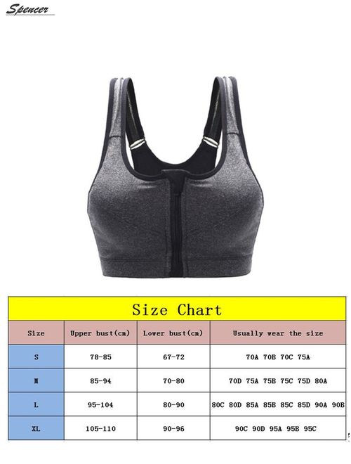 Spencer Womens Padded Sports Yoga Bra Front Zipper Seamless High Impact Workout Fitness Bra Tank Top Underwear (Black,S)