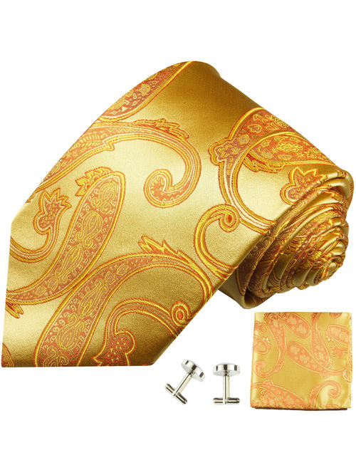 Gold Paisley Paul Malone Silk Tie with Accessories