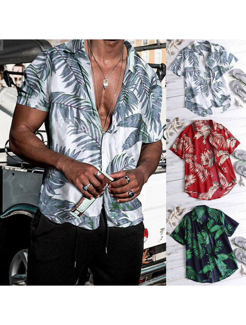 Hirigin Mens Beach Hawaiian Shirts Cotton Floral Mens Printed Hawaiian Loose Beachwear Short Sleeve Casual Buttons Shirt Gray Size 3XL