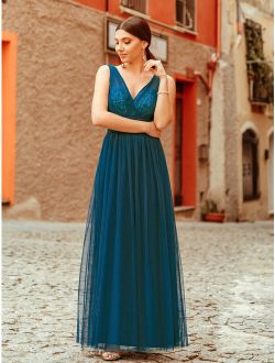 Womens V-Neck Elegant Sequin Tulle Evening Bridesmaid Dresses for Women 07458 Teal US 4