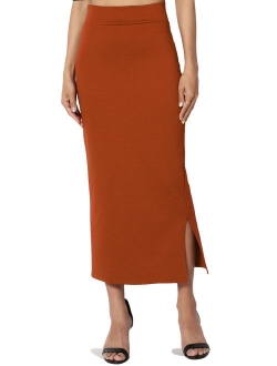 Women's S~3X Side Slit Ponte Knit High Waist Mid Calf Long Pencil Skirt