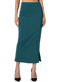 Women's S~3X Side Slit Ponte Knit High Waist Mid Calf Long Pencil Skirt