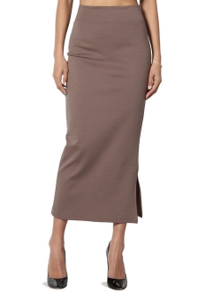 Women's S~3X Side Slit Ponte Knit High Waist Mid Calf Long Pencil Skirt