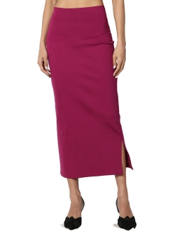 Women's S~3X Side Slit Ponte Knit High Waist Mid Calf Long Pencil Skirt