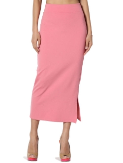 Women's S~3X Side Slit Ponte Knit High Waist Mid Calf Long Pencil Skirt