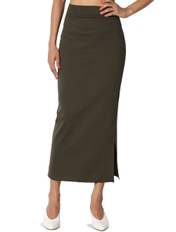 Women's S~3X Side Slit Ponte Knit High Waist Mid Calf Long Pencil Skirt