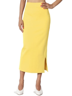 Women's S~3X Side Slit Ponte Knit High Waist Mid Calf Long Pencil Skirt