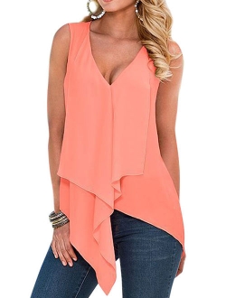 Women Sleeveless Chiffon Deep V Neck Irregular Hem Tank Tops