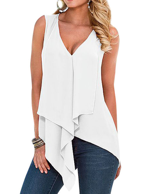 Women Sleeveless Chiffon Deep V Neck Irregular Hem Tank Tops