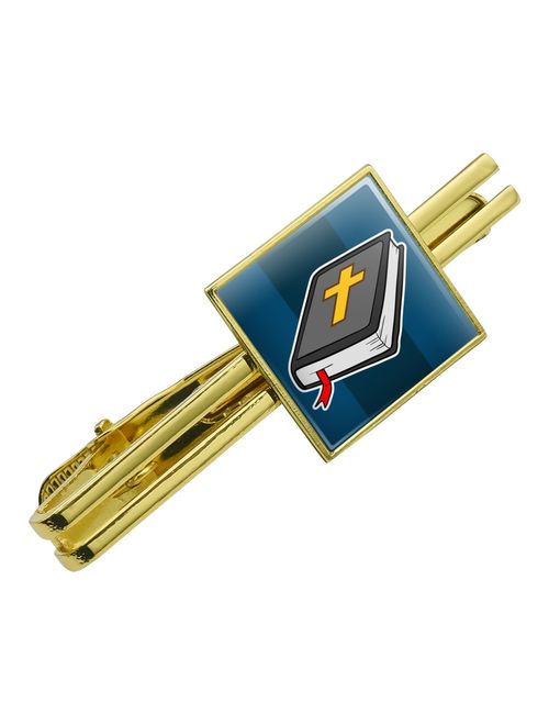 Bible with Cross Christian Religious Square Tie Bar Clip Clasp Tack Gold Color