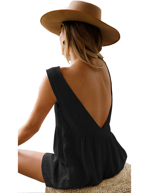 Mini Playsuit for Womens Holiday Shorts Romper Spagrtti Strap Jumpsuit Romper Backless SHort Pants Summer Beach