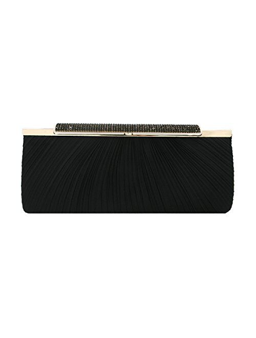 Elegant Pleated Satin w/ Crystal Top Hard Frame Clutch Evening Bag