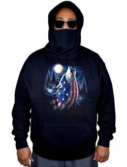 Men's Forest US Flag Moon Wolf Black Mask Hoodie Sweater 5X-Large Black