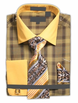 Men's Plaid Tone on Tone Dress Shirt with French Cuffs and Neck Tie Handkerchief Cufflinks