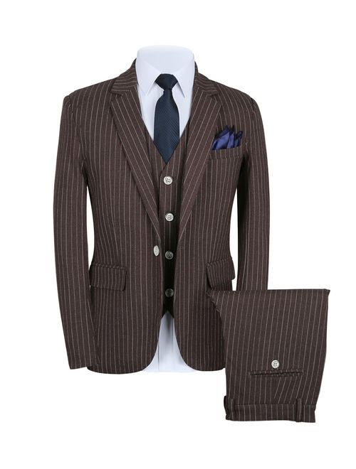 Mens Pinstripe Suit 3 Piece Slim Fit Casual Dress Suits Blazer+Vest+Pants