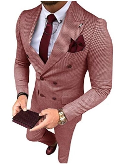 YZHEN Men's Suit Plaid Double Breasted Jacket and Pants