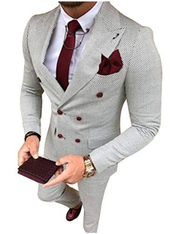 YZHEN Men's Suit Plaid Double Breasted Jacket and Pants