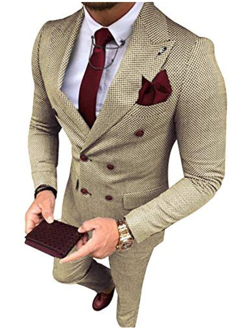 YZHEN Men's Suit Plaid Double Breasted Jacket and Pants