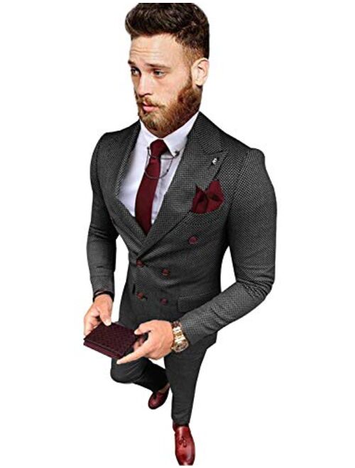 YZHEN Men's Suit Plaid Double Breasted Jacket and Pants