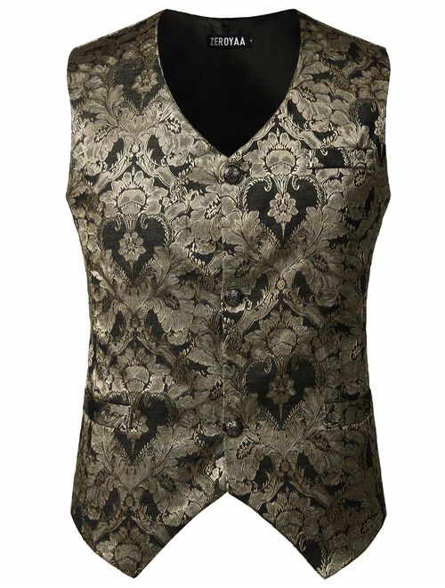 ZEROYAA Mens Single Breasted Vest Gothic Steampunk Victorian Brocade Waistcoat