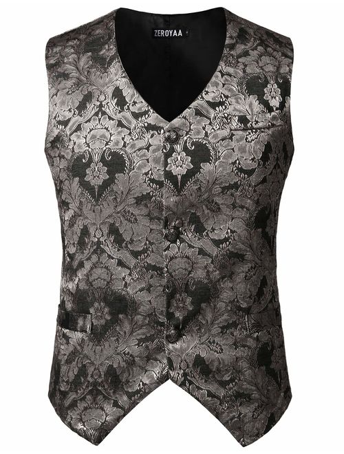 ZEROYAA Mens Single Breasted Vest Gothic Steampunk Victorian Brocade Waistcoat