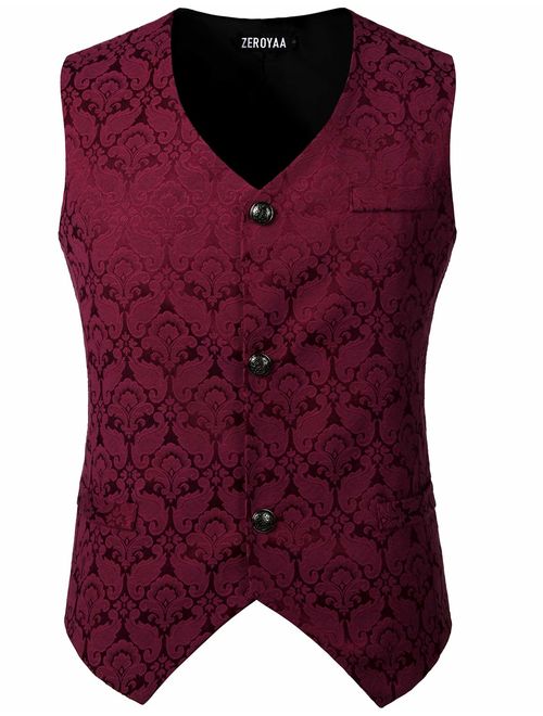 ZEROYAA Mens Single Breasted Vest Gothic Steampunk Victorian Brocade Waistcoat