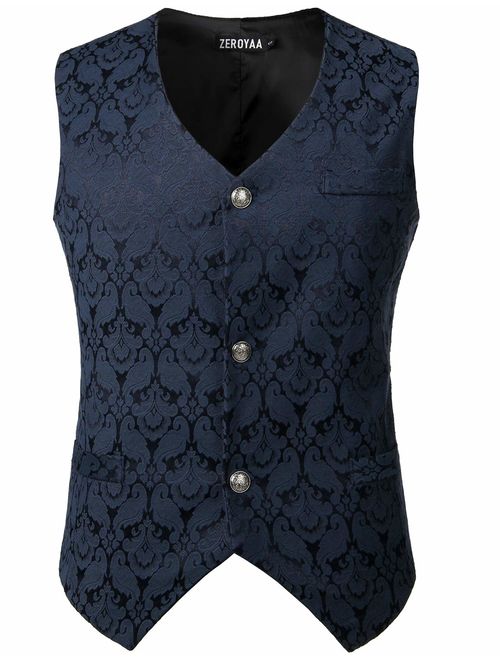 ZEROYAA Mens Single Breasted Vest Gothic Steampunk Victorian Brocade Waistcoat