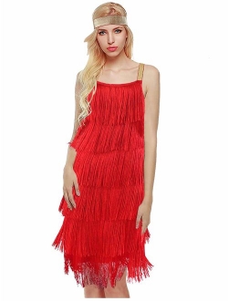 L'VOW Women' 1920s Tassels Straps Dress Gatsby Cocktail Party Fringed Costume Flapper Dresses with Headband