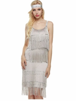 L'VOW Women' 1920s Tassels Straps Dress Gatsby Cocktail Party Fringed Costume Flapper Dresses with Headband