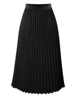 Lavaport Europeian Style Women High Waist Chiffon Slim Long Pleated Skirt