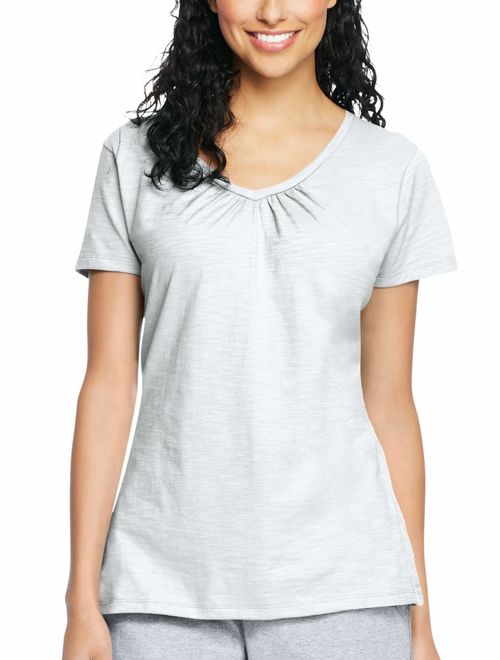 Hanes Women's Slub Jersey Shirred V-Neck T Shirt