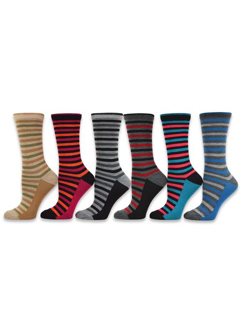 TeeHee Women's Ladies Value 6-Pack Dress Crew Socks (Thin Stripe)