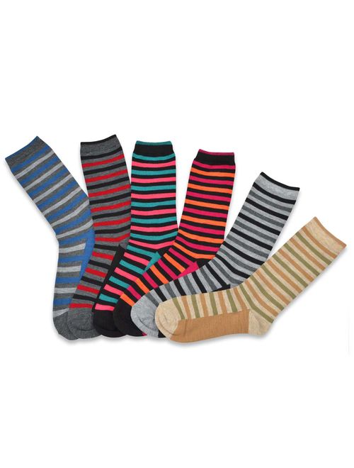 TeeHee Women's Ladies Value 6-Pack Dress Crew Socks (Thin Stripe)