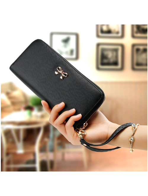 New Fashion Lady Bow-Tie Zipper Around Women Clutch Leather Long Wallet Card Holder Case Purse Handbag