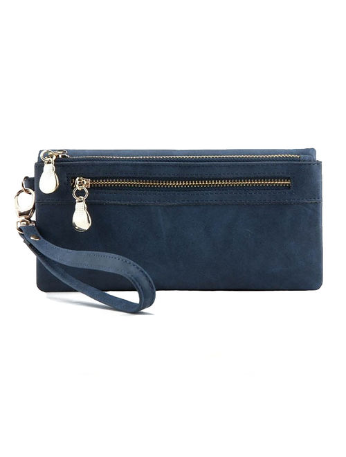 Blue Leather Clutch Wristlet Purse with Double Zipper