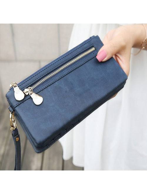 Blue Leather Clutch Wristlet Purse with Double Zipper