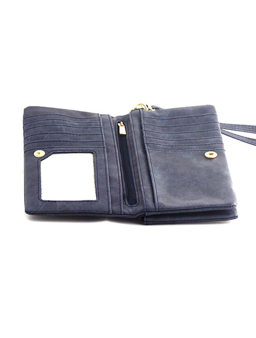 Blue Leather Clutch Wristlet Purse with Double Zipper