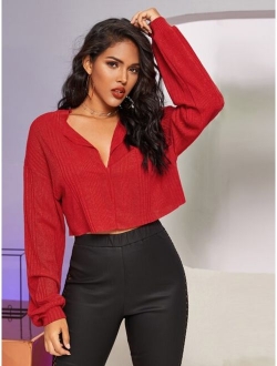 Drop Shoulder Notched Neck Rib-knit Top