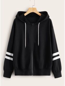 Zip-up Stripe Sleeve Drawstring Hoodie