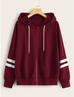 Zip-up Stripe Sleeve Drawstring Hoodie