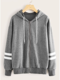 Zip-up Stripe Sleeve Drawstring Hoodie