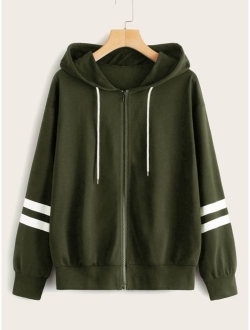 Zip-up Stripe Sleeve Drawstring Hoodie